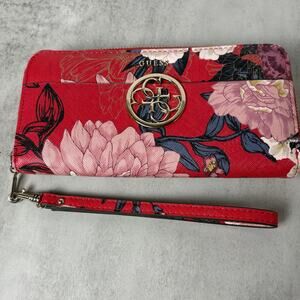 Guess Zip-Around Red Floral Print Wallet Removable Wristlet Strap